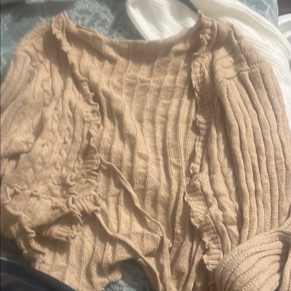 Tan Ruffled Knit Cardigan